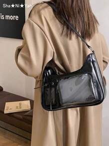 Y2K Fashion Shopping Casual Minimalist Street Commute Large Capacity Women's School Style Oiled Wax Leather Transparent Badge Shoulder Bag Crossbody Bag, Can Hold Textured Items, Can Hang Key Chain, Can Hold Postcards - Black - View 6