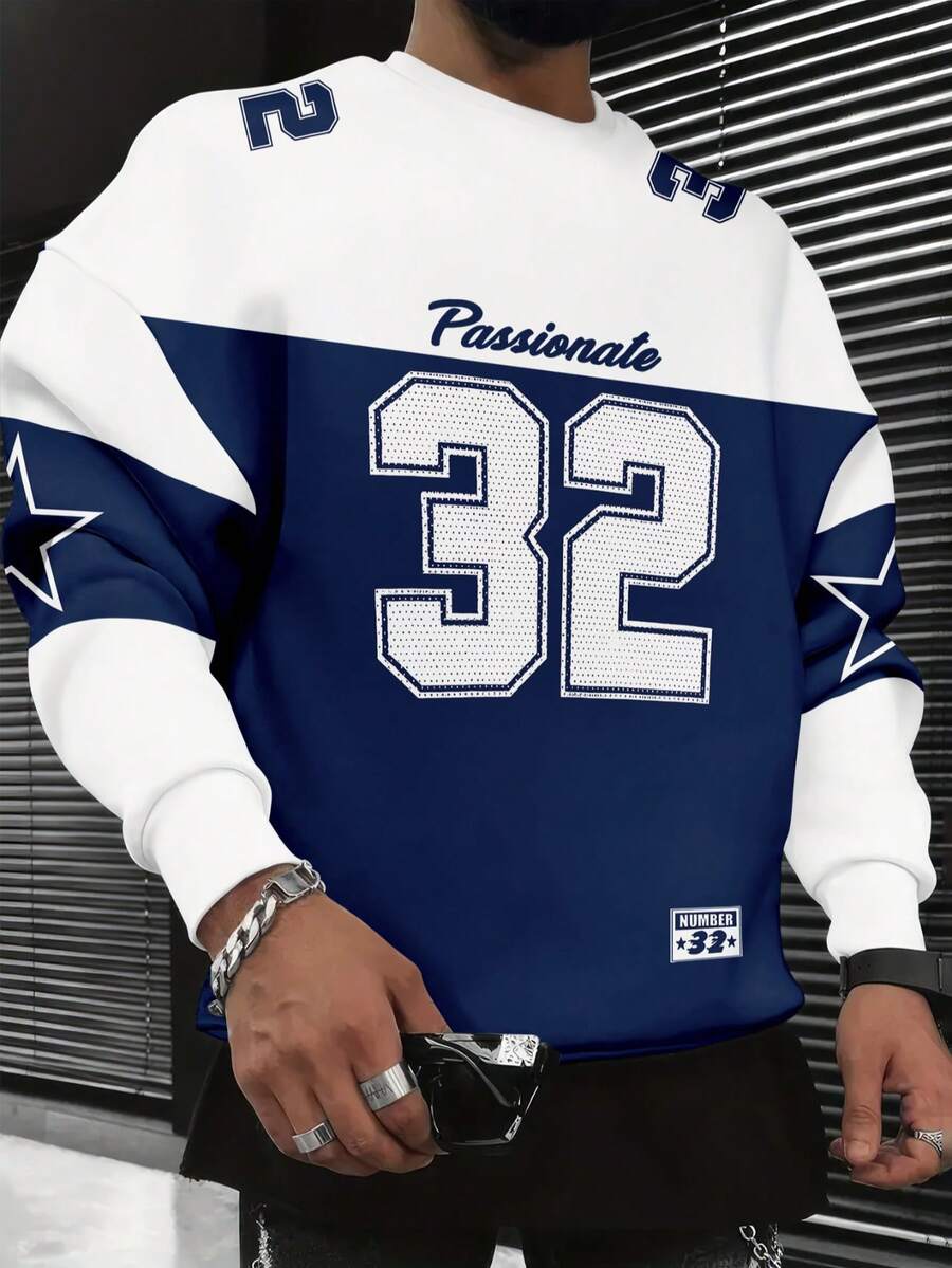 Men's Casual Numeric 32 Print Crew Neck Sweatshirt, Everyday Wear, Spring/Autumn - Multicolor - View 1