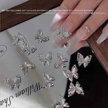 10pcs Internet Celebrity Crystal Cat's Eye Butterfly Nail Art Patches, Silver Powder Three-Dimensional Hollow Alloy Diamond Decoration Nail Art DIY Decorative Accessories Suitable For Home Use And Nail Salons, DIY Nail Art Supplies For Women And Girls, Holiday Party Gifts - 白色 - 查看 4