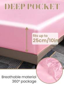 2/3pcs Fitted Sheet Set, Bedding Set, Satin Bed Sheets Set, Solid Color Skin-Friendly Bed Cover Set, Pink Bedding Set, Room Decor, Soft And Comfortable, Mattress Protector For Bedroom Decor, 1 Bed Sheet With 1/2 Pillowcases, Deep Pocket, For Single/Twin/Full/King/Queen Bed Sizes, Luxury Bedding, Machine Washable, Cool Touch For Sleeping, Perfect Valentine's Day Gift, Valentine's Day, Valentine's Gift - 粉色 - 查看 4