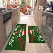 1/2pcs Winter Wonderland Christmas Doormat Set, Lightweight, Non-Slip, Washable, Made Of Synthetic Fiber With Rubber Backing, Christmas Decor Floor Mat With Green Border And Snowflake Pattern, Suitable For Living Room, Kitchen, Bathroom, Dining Room, Study