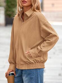 Women's Faux Suede Motorcycle Jacket  Fall Fashion Oversized Zip Up Coats Winter Clothes Outerwear - 卡其色 - 查看 5