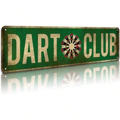 Vintage Dart Club Metal Sign - Rustic Wall Decor With Dartboard Artwork, Aged Green & White Design, 10.16cm X 40.64cm - Perfect For Home Bar, Garage, Game Room, For Man Cave - No Electricity Needed, Unique Gift For Darts Enthusiasts, Garage Decoration, Distressed Finish, Highquality Finish, Decorative Plaque, Sports Fans