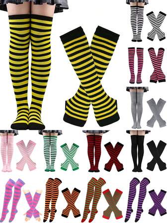 2pcs Striped Socks & Christmas Socks, Halloween Socks, High Tube Socks, Holiday Cosplay Socks And Gloves, Suitable For Daily Wear, Performance Matching, Gifts