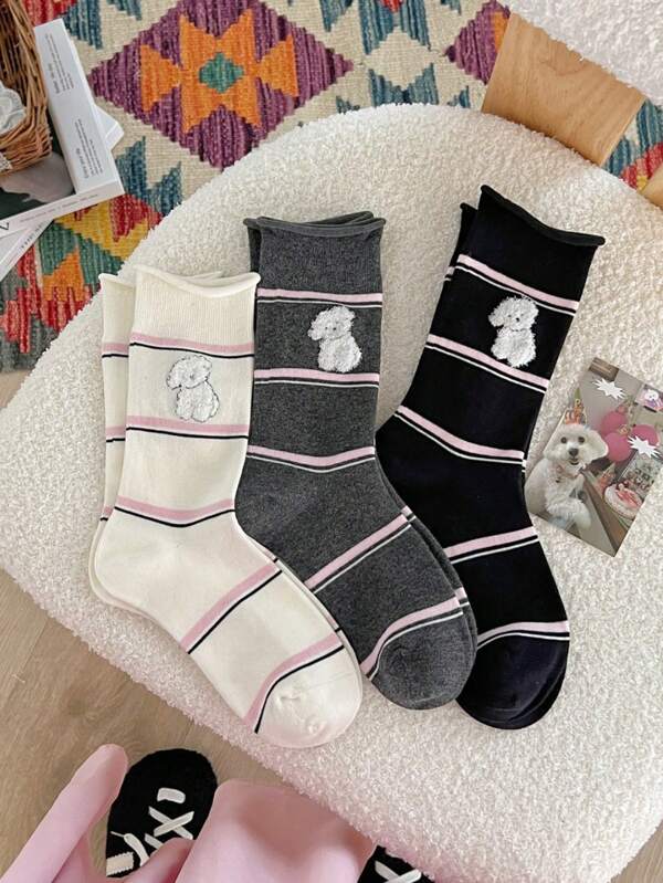 3 paar damessokken met cartoonhondmotief, halfhoge sokken met opgerolde boorden en strepen, modieuze, gepersonaliseerde en comfortabele casual sokken voor dames