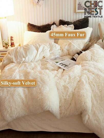 3pcs/Set Beige Fluffy Plush Shaggy Duvet Cover Set, Luxury Soft Furry Solid Color Comforter Cover Set Bedding For Girls Women Bedroom Fuzzy Quilt Cover Zipper Closure (1pc* Faux Fur Duvet Cover + 2pcs* Faux Fur Pillowcase, No Pillow Core) King Queen Full Twin Size