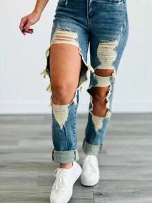 Women's Casual Ripped Washed Denim Jeans Long Tapered Carrot Style With Button And Zipper Details, High Stretch Fabric For Sexy Elegant Look - 中等水洗藍 - 查看 2