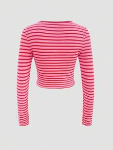 Buzzelle Striped Knit Long Sleeve Crew Neck Button-Up Sweater, Casual Everyday Wear, Commute, Travel, Business, Holiday, Autumn/Winter New - Pink - View 7