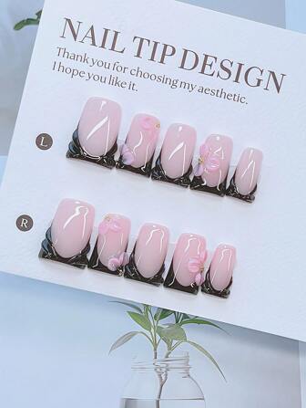 10pcs Y2K Nails Chic Duckbill Press On Nails Set - Handcrafted, Pink Nails, Black Nails, Black French Style, Handmade 3D Flower With Pink Petal, 3D Pink Flower And Hand Drawn 3D Water Droplet Design, Sparkling Golden Little Steel Ball Accents - Suitable For Women And Girls, Party, Wedding, Daily Wear, DIY Nail Art, Includes Tool Kit. Duck Nails. Handmade Press On Nails. Fake Nails. Nail Supplies