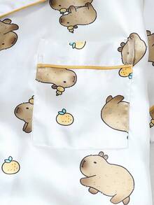 2pcs Satin Pajama Set, Cute Capybara Animal Print Short Sleeve Collared Top And Bow Shorts Women Sleepwear Loungewear