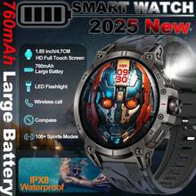 ساعة ذكية للرجال للرياضة الخارجية GZYR 2025 الجديدة، مزودة بضوء LED عالي الطاقة، شاشة لمس كاملة HD بحجم 1.85 بوصة (4.7 سم)، اتصال لاسلكي، بطارية طويلة الأمد 760 مللي أمبير، بوصلة، أكثر من 100 وضع رياضي، مقاومة للماء بمعيار IP68، مراقبة الصحة، متوافقة مع أندرويد وآي أو إس، هدية مثالية.