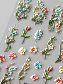 2pcs 5D Embossed Green Vine Leaf Floral Bouquet Nail Art Stickers, Fresh Colorful Blooming Five Petal Flower Leaf Nail Decals Wedding Nails Designs DIY Nail Supplies Relief Charms Decoration - Green - View 5