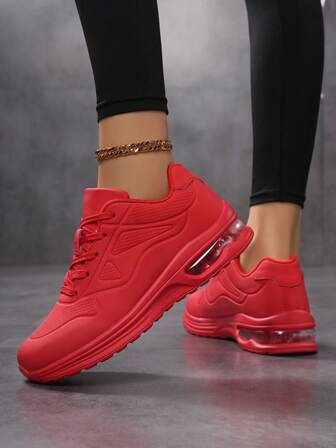 Lace-Up Leather Red Outdoor Running Shoes, Fashionable Walking Shoes For Women, Comfortable Breathable Casual Thick-Soled Cushioned Sports Shoes For Spring, Autumn, Winter, Suitable For New Year Holiday, Spring Shoes, Spring Break, Easter, Christmas