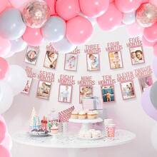 一套 - 宝宝一周岁生日照片横幅，适合新生儿至12个月，每月里程碑照片花环，一周岁生日庆祝装饰，男孩女孩相框，婴儿派对 - 彩色 - 查看 4