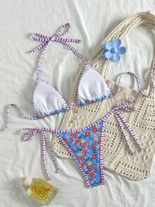 Lady's Floral Print Halterneck & Tie-Side Two Pieces Swimsuit: Sexy, Stylish, Youthful, Sweet, Girly – Perfect For Beaches And Travel Parties, Spring & Summer New Arrival