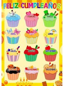 1 pièce Affiche à remplir d'anniversaire de style enfantin et mignon, avec des couleurs vives, des desserts colorés et en espagnol. En tant que fournitures scolaires et aides de classe pour la rentrée scolaire, il convient à la décoration murale dans les chambres d'enfants, les jardins d'enfants, les crèches et les murs d'anniversaire des salles de classe, etc. Sans cadre.