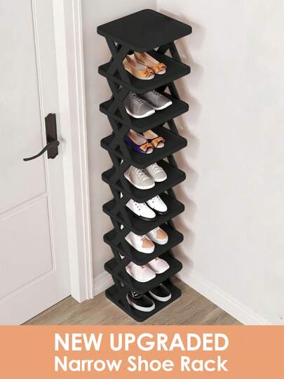 9/6 Tier Vertical Shoe Stand Space Saving Narrow Shoe Rack, Small Shoe Shelf, DIY Free Standing Shoes Storage Organizer For Entryway, Closet, Hallway, Easy Assembly And Stable In Structure, Black & White, Plastic Material, Consumables