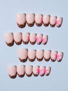 24片椭圆形花朵和豹纹美甲贴纸套装，法式亚克力材质，完美贴合，包含1片果冻胶和1个指甲锉。易于佩戴的浅棕色美甲贴纸和法式美甲贴纸，适合女性日常工作、派对和其他场合。美甲用品 - 彩色 - 查看 5