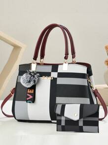 2pcs/Set New Luxury Women Handbag, Patchwork Versatile Crossbody Bag, Designer Brand Plaid Shoulder Bag - Black - View 8