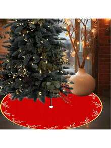1 pièce/260 pièces Jupe d'arbre de Noël, tapis avec éléments de feuilles sur fond rouge de Noël, convient pour la décoration intérieure et extérieure du sol, jupe d'arbre d'ambiance de Noël, tapis de décoration de sol pour rassemblement familial de Noël, décorer le bas de l'arbre, convient pour la mise en scène de la scène de Noël, décoration d'ambiance des fêtes, disposition de l'arbre de Noël dans le salon, scène de fête des fêtes, décoration de Noël à la maison, créer une douce ambiance de Noël - feuilles rouges - Voir 3