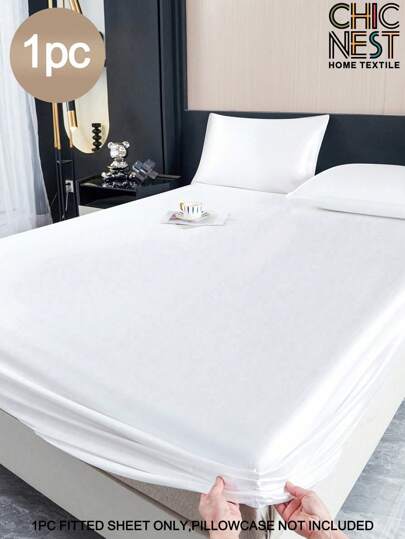 1PC Solid Color White Satin Fitted Sheet Simulation Silk Fitted Sheet With 1pc Fitted Sheet  Valentine's Day Mattress Cover For Bed, Modern Soft Bedding Set For Household King Queen Full Twin Size  Sheet Bedspread Deep Pocket Up To 11.8 Inch Breathable Wrinkle-Free Better For Sleep, Machine Washable