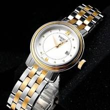 Tissot ساعة كوارتز للسيدات، قرص أبيض مرصع بالراين ستون، عقارب ذهبية، أنيقة وراقية، مناسبة للارتداء اليومي، هدية مناسبة للأصدقاء أو العائلة، مناسبة للهدايا في المناسبات الخاصة، T097.010.22.116.00