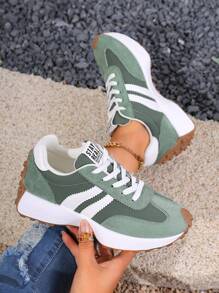 1 Pair Women's Casual Sports Shoes, Patchwork Fabric Thick Sole Retro Sneakers, New Spring/Autumn Casual Sneakers, Classic Black Pointed Toe Lace-Up Outdoor Shoes, Suitable For Students, Office Workers, Walking, Running And Other Occasions, Holidays, Parties, Vacations