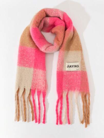 1pc Kids Scarf, Girls Colorful Plaid Fluffy Warm Thick Tassel Scarf For Autumn/Winter