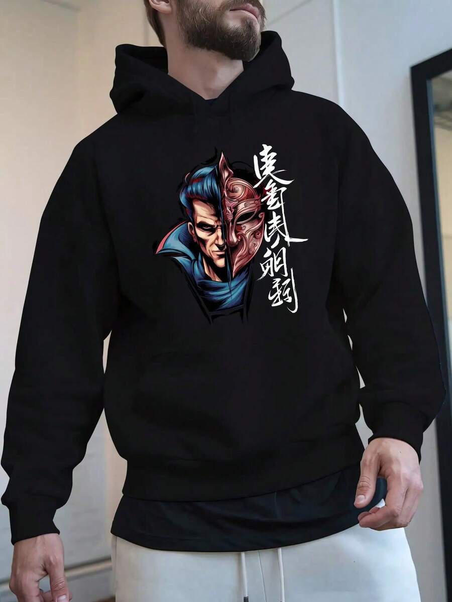 Men'S Yellow Hoodie With Anime Character Print - Casual Long Sleeve Sweatshirt, Polyester, Regular Fit, Winter Gift, Casual Wear Hoodie | Anime Print Hoodie | Polyester Hoodie - 黑色 - 查看 1