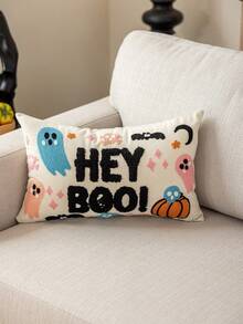 1pc Halloween Ghost& Bat & Pumpkins Polyester Canavas Cushion Cover With Exquisited Embroidered, No Pillow Core, Home Decor Pillow Case Room Decor Pillow Cases Cushion Covers Halloween Decor