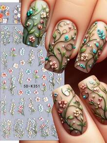 2pcs 5D Embossed Green Vine Leaf Floral Bouquet Nail Art Stickers, Fresh Colorful Blooming Five Petal Flower Leaf Nail Decals Wedding Nails Designs DIY Nail Supplies Relief Charms Decoration - Green - View 1