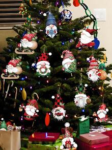 12 件复古小矮人装饰品 - 带有圣诞老人图案的木制圣诞树挂件，节日派对装饰品 - 彩色 - 查看 1