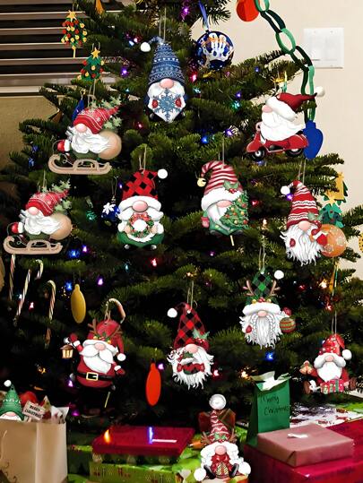 12 件复古小矮人装饰品 - 带有圣诞老人图案的木制圣诞树挂件，节日派对装饰品