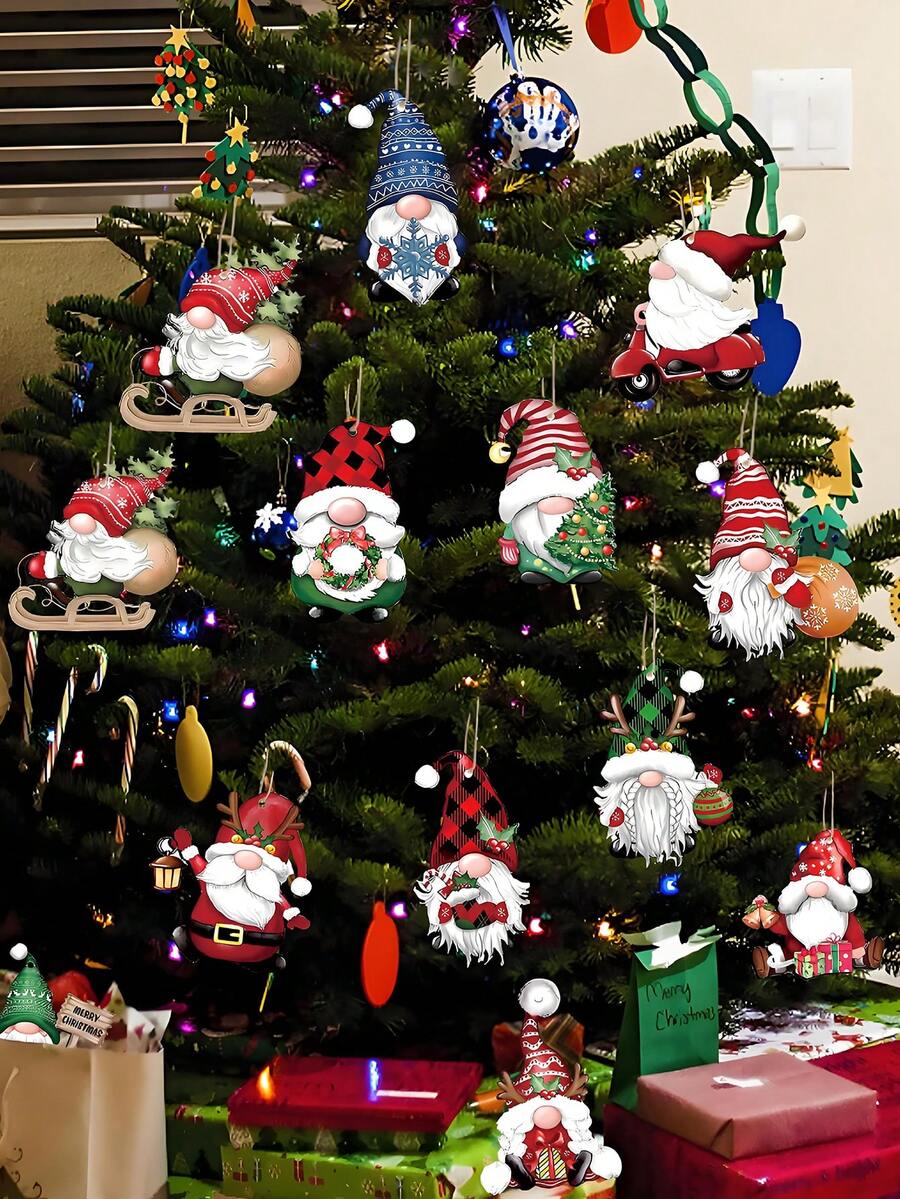 12 件复古小矮人装饰品 - 带有圣诞老人图案的木制圣诞树挂件，节日派对装饰品 - 彩色 - 查看 1
