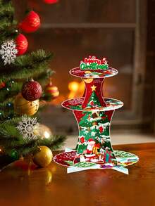 1 Juego de 3 niveles de soporte para cupcakes con decoración de tema navideño, mesa de postres de Feliz Navidad, soporte de exhibición de papel para cupcakes y postres navideños, torre de postres de frutas, apto para Navidad, fiestas temáticas, mesas de postres