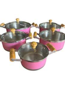 Jogo De Panela Rosa Caçarola Aluminio Leve Reforçado Com Tampa De Vidro 14 a 22cm Premium - Rosa chiclete - Visão 2