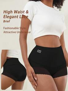 4-Pack Black High-Waisted Lace Panties - Tummy Control, Hip Lift, Breathable Seamless Design, Luxurious Ice Silk Fabric With Floral Lace Details, Comfortable Everyday Wear For Women, Everyday Wear Panties|Elegant Underwear|Elastic And Comfortable, Cute Underwear - 黑色 - 查看 4