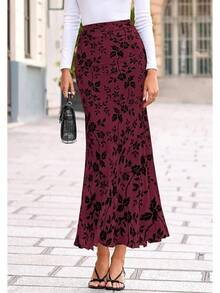 Womens Floral Mesh Maxi Skirt Elastic High Waisted Boho Elegant 2025 Summer Fall Long Skirts Women - 酒紅色 - 查看 4