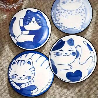 4pcs/Set Wooden Coasters With Blue And White Porcelain Cat Design, Suitable For Living Room, Bedroom, Kitchen, Dining Room, Gift Set. 400 Sets, 1600 Pcs Total.