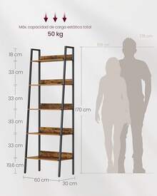 VASAGLE - Estante para Libros, Estante Estrecho de 5 Niveles, Estante de Escalera para Oficina en casa, Sala, Dormitorio, Cocina, café rústico y Tinta Negra, ULLS109B01 - Marrón Rústico + Negro - Ver 2