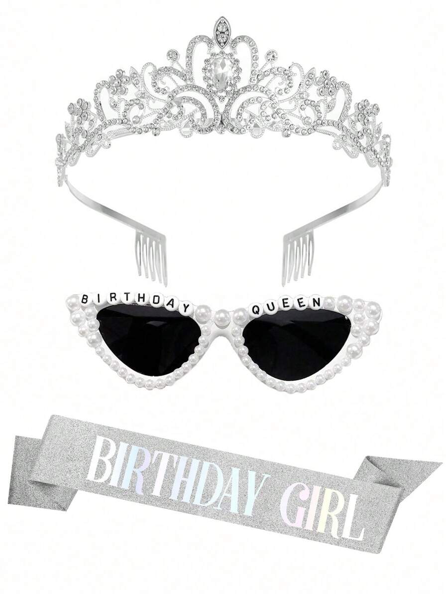 6/3/1件套 - 女孩生日绶带、女孩生日皇冠、女孩生日丝带、女孩生日头带、女孩生日发箍、女孩生日眼镜、生日女王时尚眼镜、生日派对礼品、闪亮时尚、生日派对用品 - 銀色 - 查看 1