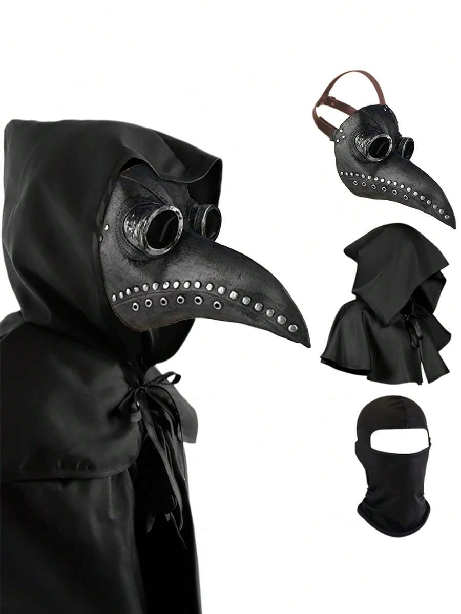 1set Plague Doctor Mask Set – Medieval Gothic Bird Beak Halloween Mask, Long Beak Leather Costume Mask For Cosplay, Horror Parties & Themed Events (Perfect For Halloween) - Multicolor - View 1