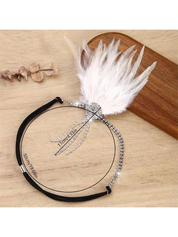 1 pièce Serre-tête avec plumes et chaîne de strass pour femme, style années 1920 pour bal masqué et soirée. Accessoire de mariage de mariée élégant et vintage de haute qualité, idéal pour Noël