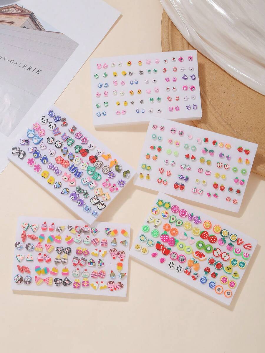 36pcs/Set Girls Cartoon Soft Clay Fruit Mixed Color Plastic Cute Fashion Earrings Set, Random Color & Style, No Box, Versatile For Daily Wear - Multicolor - View 1