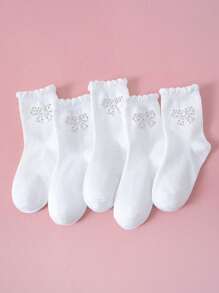 5双女童蕾丝边中筒袜，可爱蝴蝶结设计，时尚柔软透气，适合返校、日常穿着、假期和旅行。 - 彩色 - 查看 5