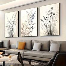 Set Of 3 Art Deco Modern Classic Canvas Wall Art Prints, Botanical Floral Landscape Theme, Ink Artwork, With Pine Wood Frame/Without Frame, For Home Office, Living Room, Bedroom, Kitchen, Spring & Winter Seasons, Indoor & Outdoor, Restaurants & Bars