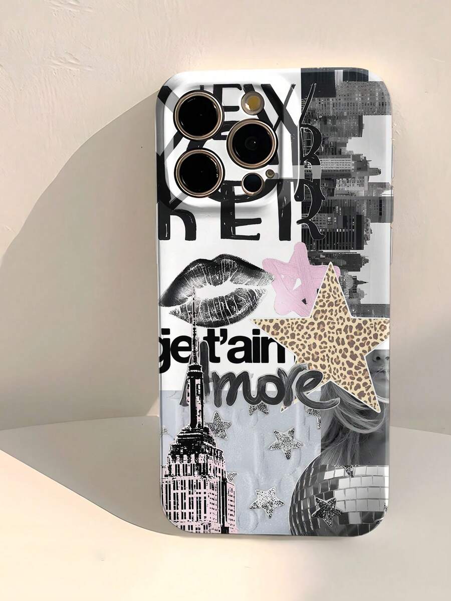 1 carcasă de telefon moale perforată cu model creativ Patchwork Lips, leopard, stea, slogan, compatibilă cu 11/12/13/14/15/16 Pro Max, rezistentă la șocuri, la căderi, la zgârieturi