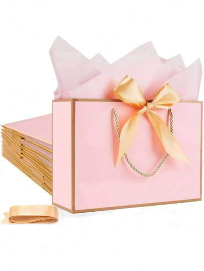 10pcs-Landscape Style Kraft Paper Gift Bags, Gift Bag With Bow Ribbon, Gift Bags With Handles, Horizontal Paper Gift Bags For Wedding Thanks Bridesmaid, Women Men, With Handles For Birthday Wedding Bridesmaid Party Favor Shopping Retail Gift Sacks(Pink-Gold)