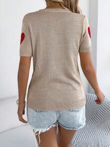 Spring Summer Valentine's Day Casual Resort Chic Heart Pattern Short Sleeve Knit Women T-Shirt Top - 卡其色 - 查看 2