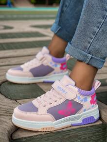 1 Pair Kids' Skateboard Shoes, Plaid Pattern, PU Upper, Patchwork, Contrast Color, Fashion Mid-Top, Hook And Loop, Butterfly Print, TPR Anti-Slip Outsole, Street, School, Elementary Girls, Casual - Dusty Pink - View 2